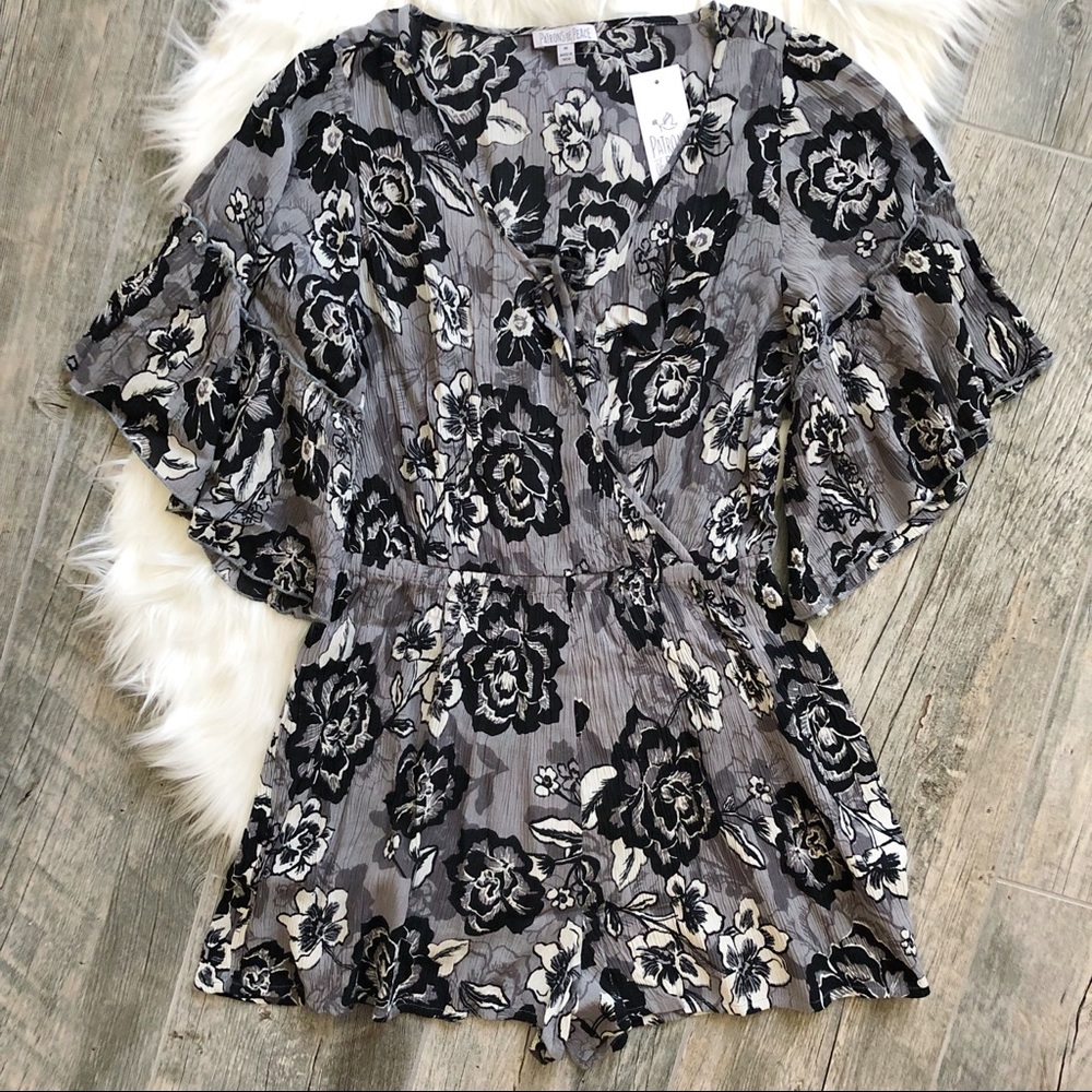 PATRONS OF PEACE * Grey White Black Floral Romper